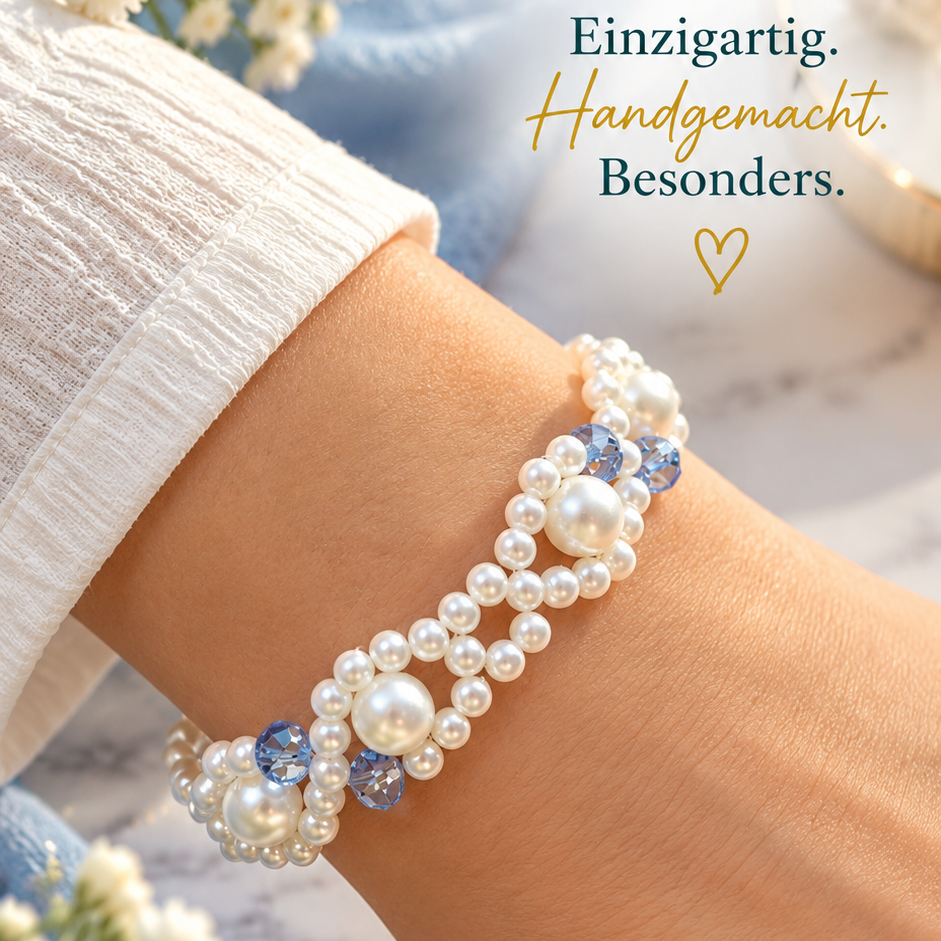 Weißes Perlenarmband mit blauen Highlights