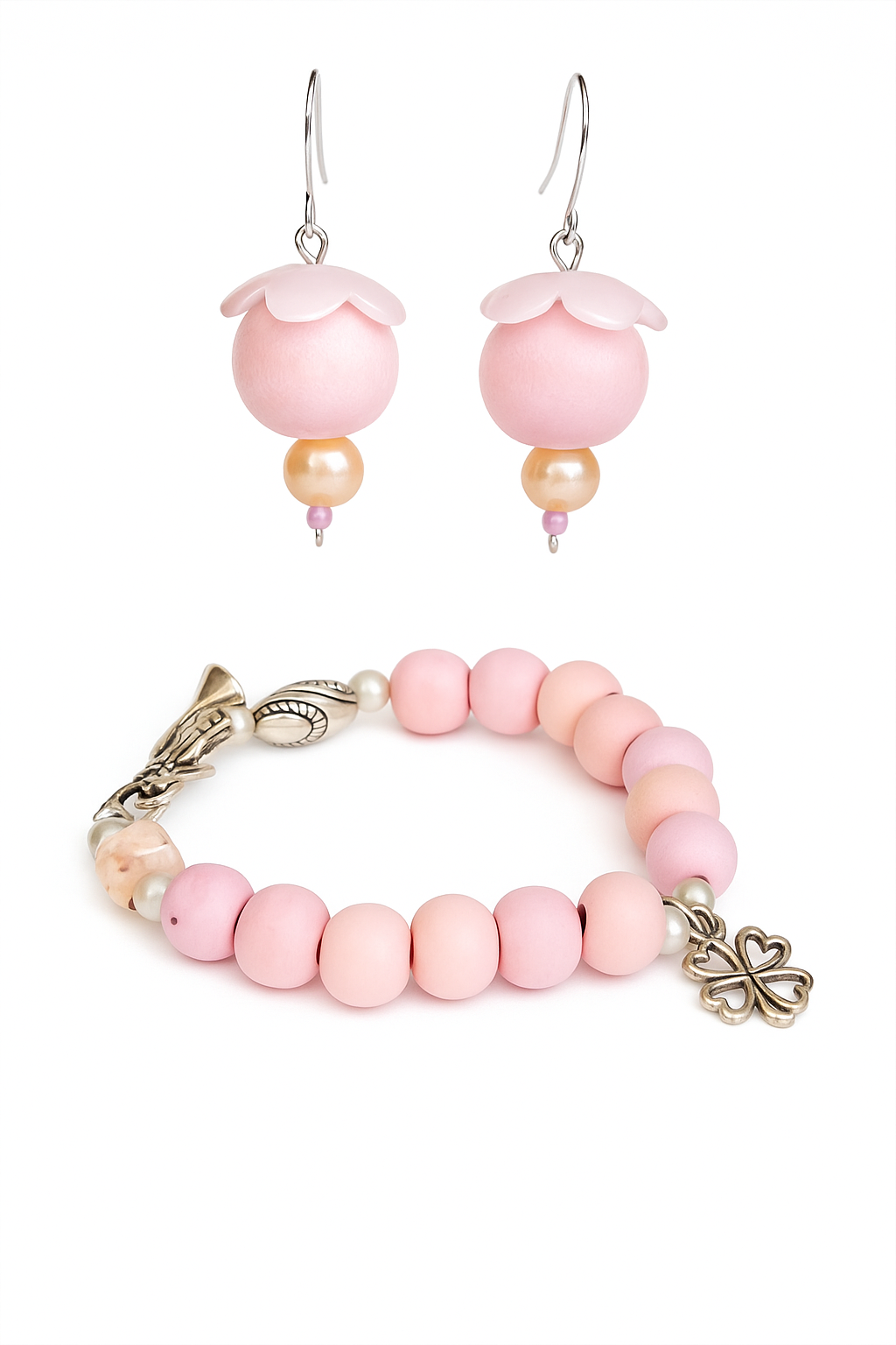 Rosa Blütenohrring mit Kleeblatt Armband
